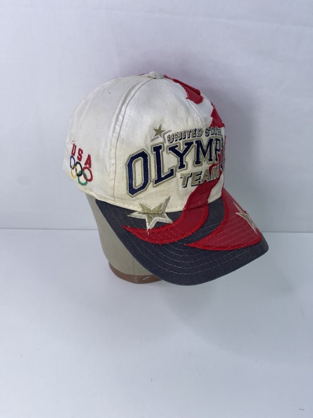 Vintage Starter USA Olympic Team Snapback Hat Red White Blue Flag Graphic Cap